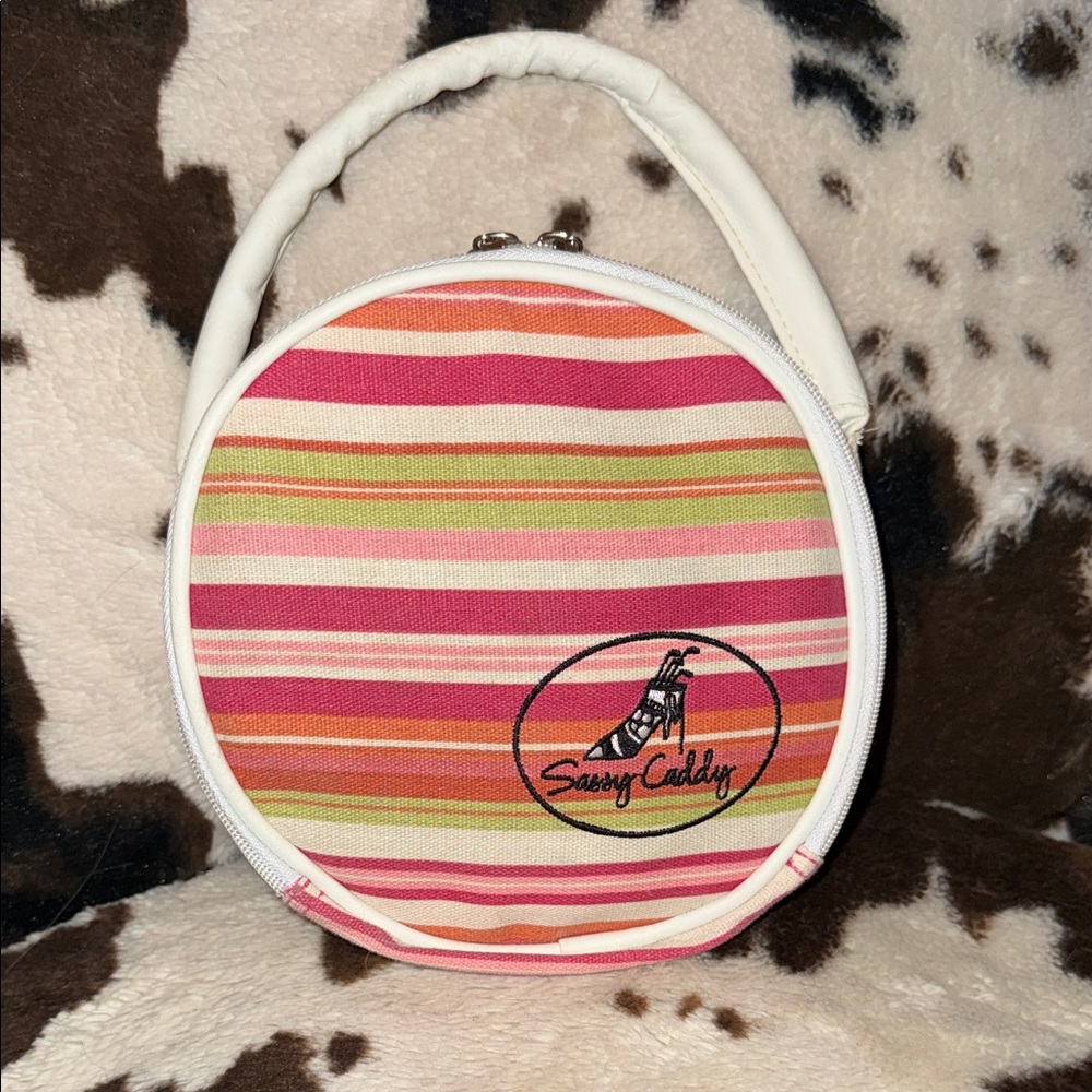 Striped Round Cosmetic Bag - Pink and Orange